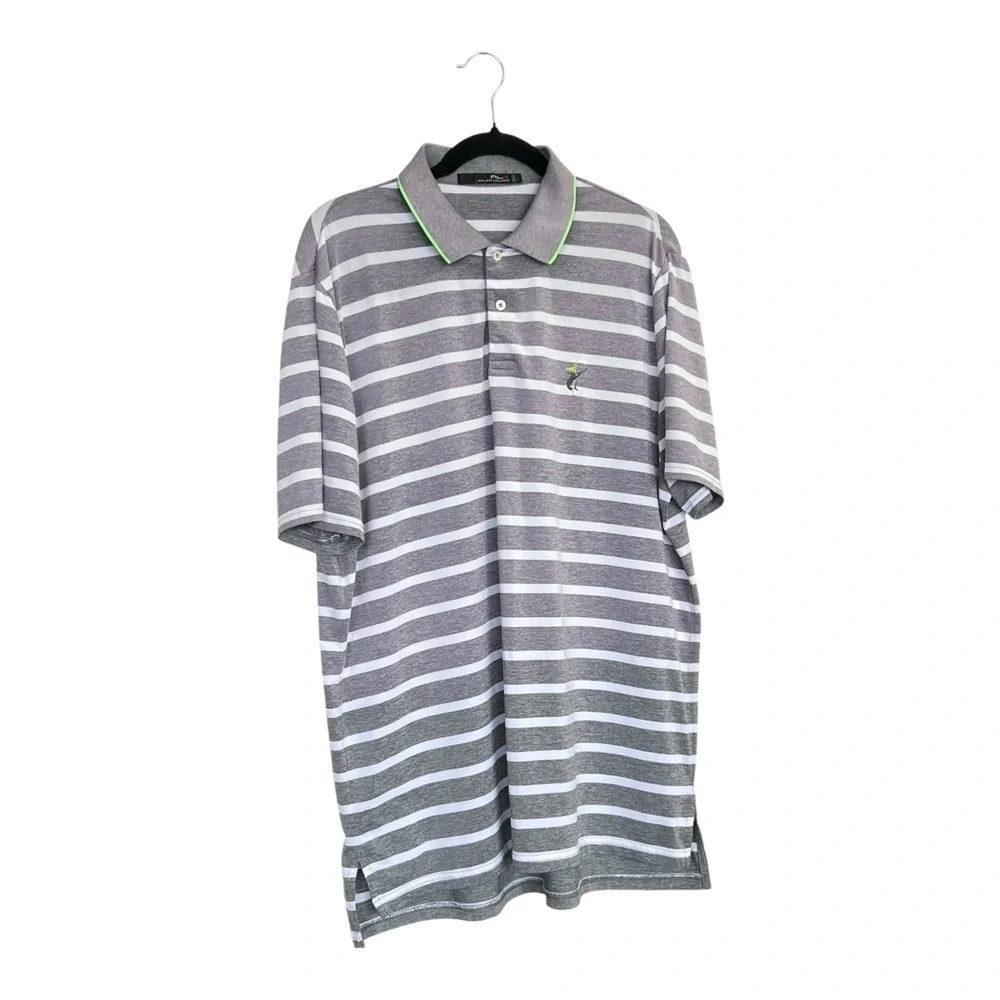 RLX Ralph Lauren Men’s Golf Polo Shirt Striped Grey Neon Green Performance Large